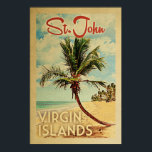 Affiche Vintage voyage St John Palm Tree<br><div class="desc">Un imprimé d'art moderne et rétro unique du milieu du siècle St John Virgin Islands dans un style d'affiche de voyage vintage. Il dispose d'un palmier incurvé sur une plage de sable avec l'océan sous un ciel bleu nuageux.</div>