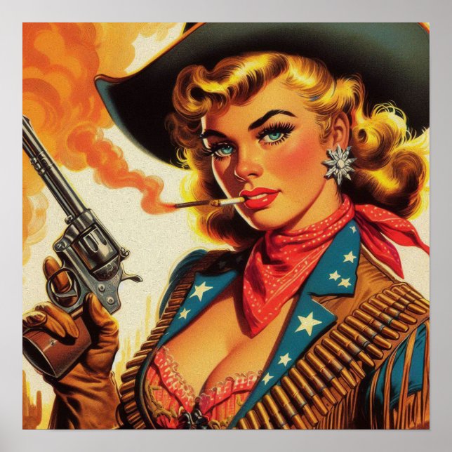 Affiche Vintage Western Cowgirl Pin Up (Devant)