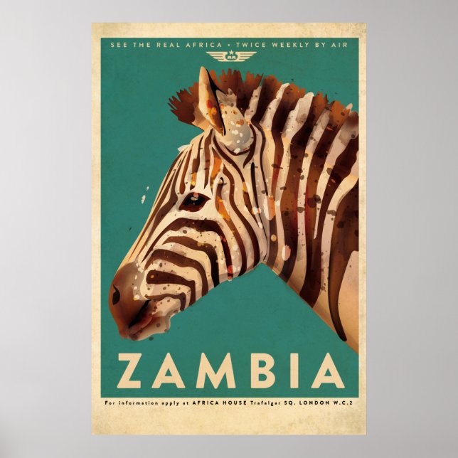 Affiche Vintage Zambia Zebra Travel (Devant)