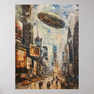 Affiche Vintage Zeppelin Airship Oil Peinture New York ren