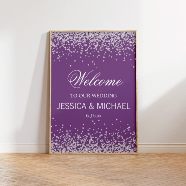 Affiche Violet avec Mariage de Parties scintillant argenté (Custom purple "Welcome to our wedding" with silver glitter)