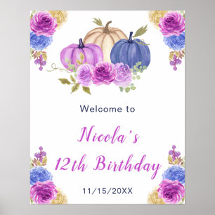 Affiche Violet et bleu marine Floral Citrouilles Anniversa