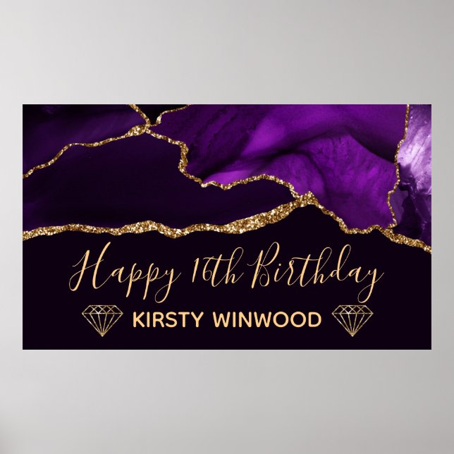 Affiche Violet et paillettes de faux or Agate Sweet 16 (Devant)