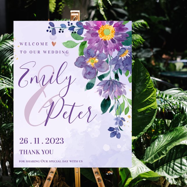 Affiche Violet Floral Romantique Accueil À Notre Mariage (Créateur téléchargé)