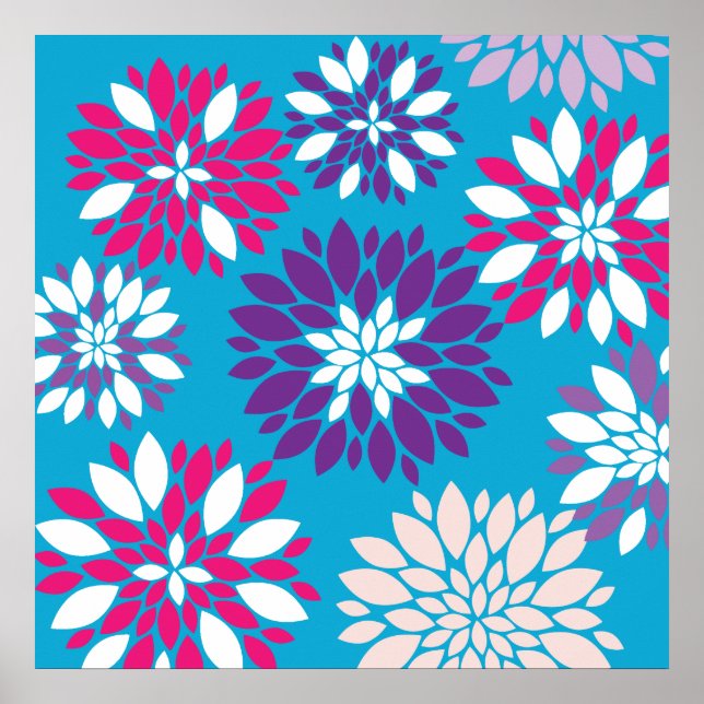 Affiche Violet rose Fleur Art sur bleu Turquoise (Devant)