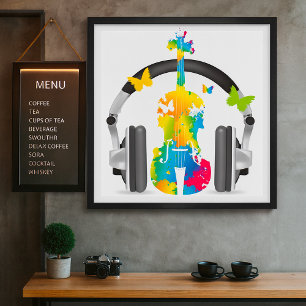 Affiche Violon Abstrait avec casque et musique