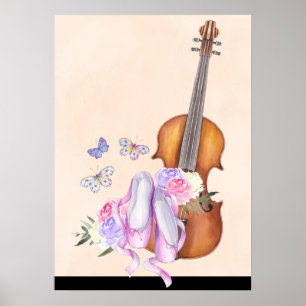 Affiche Violon, Chaussures de Ballet, Fleurs et Papillons