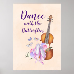 Affiche Violon, Chaussures de Ballet, Fleurs et Papillons