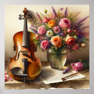 Affiche Violon, Partition et un Vase de Fleurs
