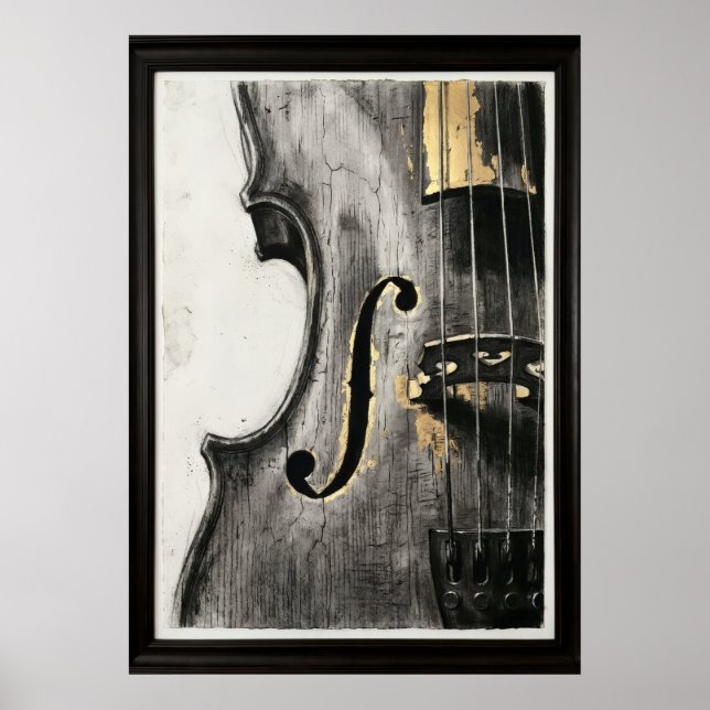 Affiche Violoncelle Noir Blanc Or Abstrait Art Musical (Devant)