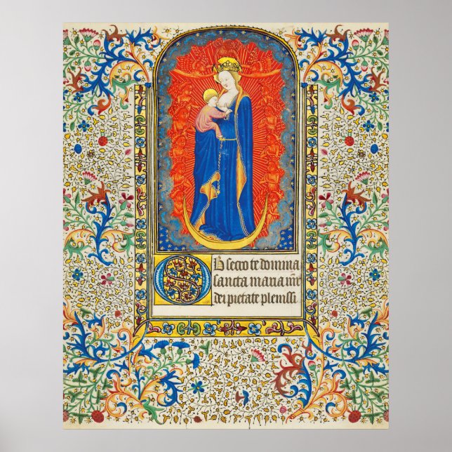 Affiche VIRGIN AVEC ENFANT ET ANGELS Antique Fleurs (Devant)