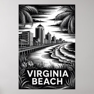 Affiche Virginia Beach Virginie Noir Blanc Gravure sur boi