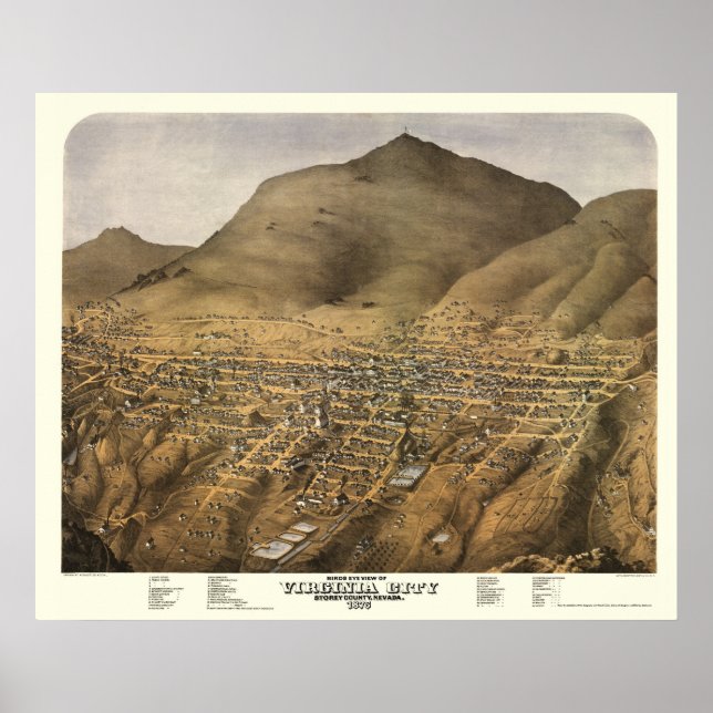 Affiche Virginia City, NV Carte panoramique - 1875 (Devant)