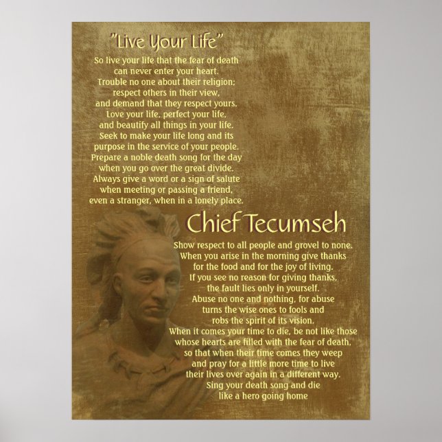 Affiche "Vis ta vie" sur un vieux parchemin, chef Tecumseh (Devant)