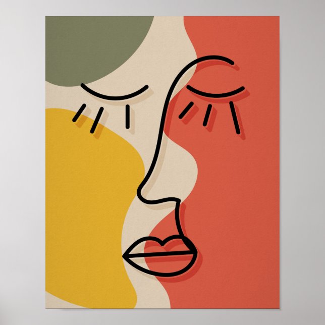 Affiche Visage Abstrait Boho Vert Rouge Beige Jaune Art Mu (Devant)