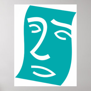 Affiche Visage Abstrait Moderne Art Linéaire Sarcelle