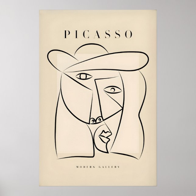 Affiche Visage Abstrait Picasso Chapeau Ligne Art Minimali (Devant)