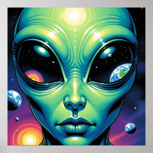 Affiche Visage Alien avec des planètes Réflexions dans les