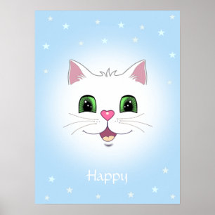 Affiche Visage de chat blanc mignon drôle sur fond bleu cl