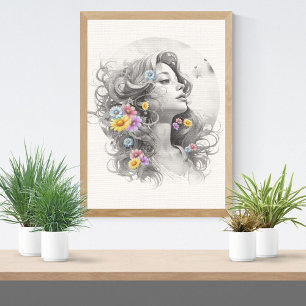 Affiche Visage de Femme Avec Effet Texturé de Fleurs