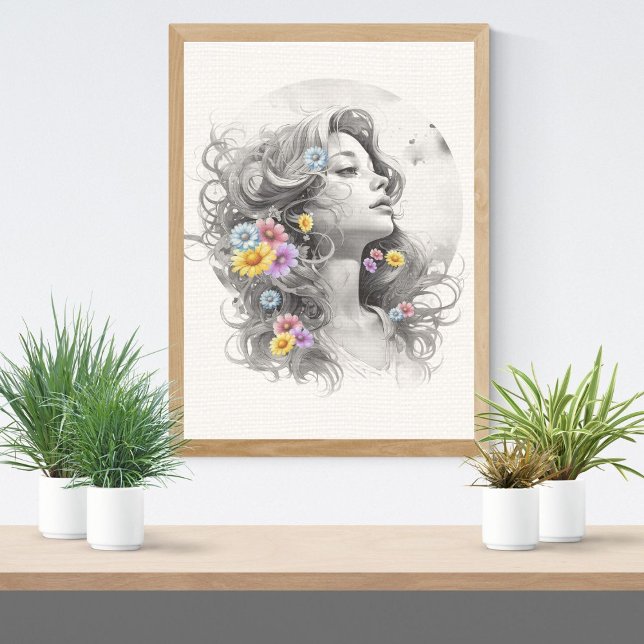 Affiche Visage de Femme Avec Effet Texturé de Fleurs (Créateur téléchargé)