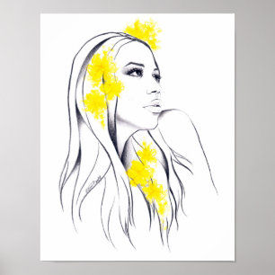 Affiche Visage de femme Fleurs jaunes Illustration de mode