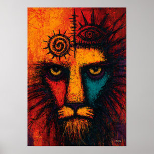 Affiche Visage de Lion Mystique dans des Champs de Couleur