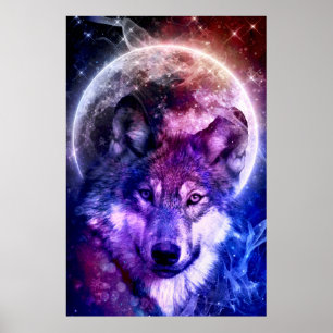 Affiche Visage de loup de Galaxie mystique avec Pleine lun