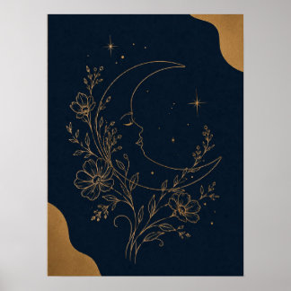 Affiche Visage de Lune Croissante Mystique et Céleste Doré