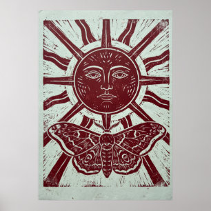 Affiche Visage de Soleil et Linogravure d'Art Populaire de