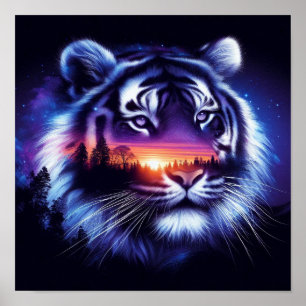 Affiche Visage de tigre et paysage de coucher de soleil Pi