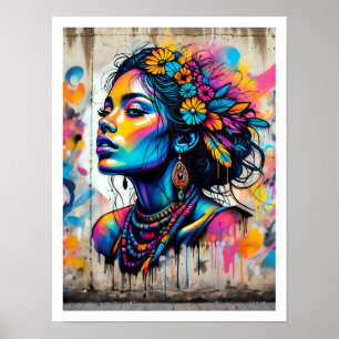 Affiche Visage Flower Power d'une femme hippie