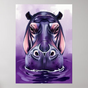 Affiche Visage hippo violet - Bête d'eau gras et jouant