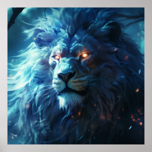 Affiche Visage Lion bleu avec des yeux brillants Art