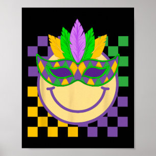 Affiche Visage Souriant Groovy Mardi Gras Portant un Masqu