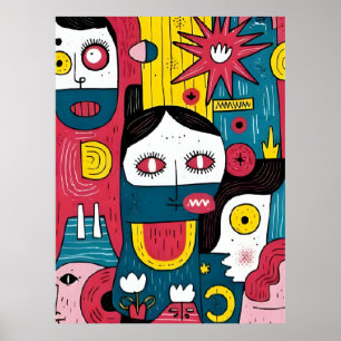 Affiche Visages Pop Art Abstrait - Expression Doodle moder