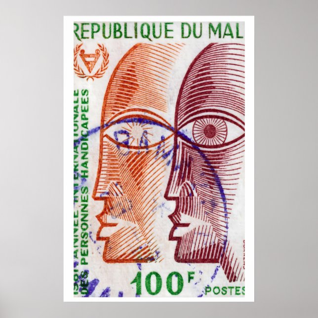 Affiche Visages stylisés Mali 1980s Timbre-poste - Vintage (Devant)