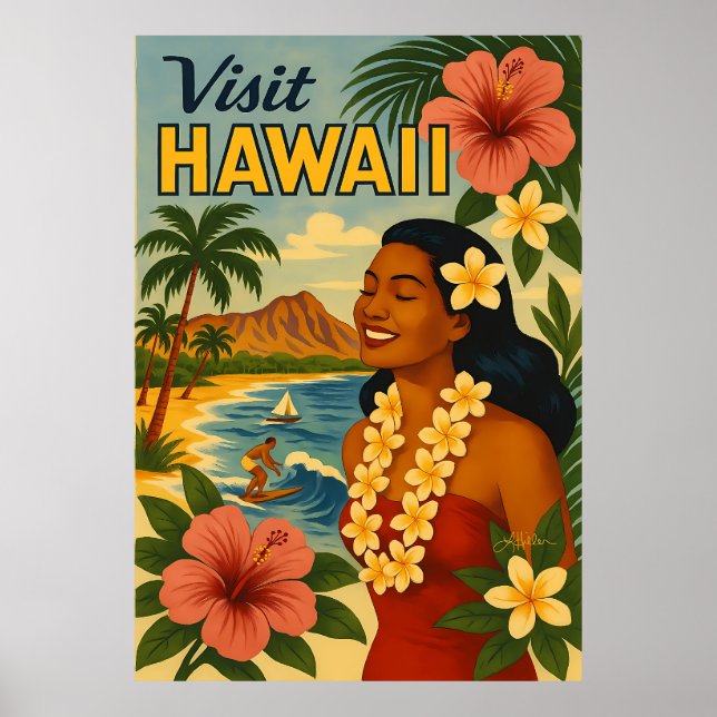 Affiche Visite Hawaii Tourisme Art Mid Century (Devant)