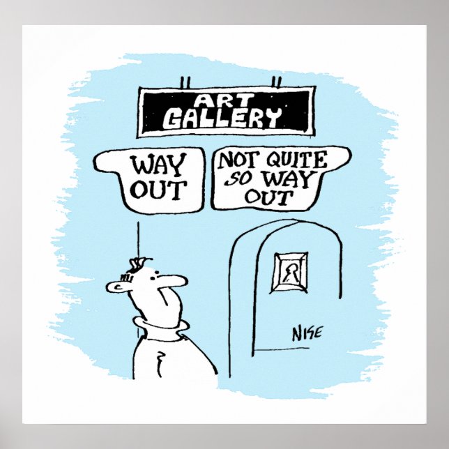 Affiche Visiteur amusé par des panneaux dans une galerie d (Devant)