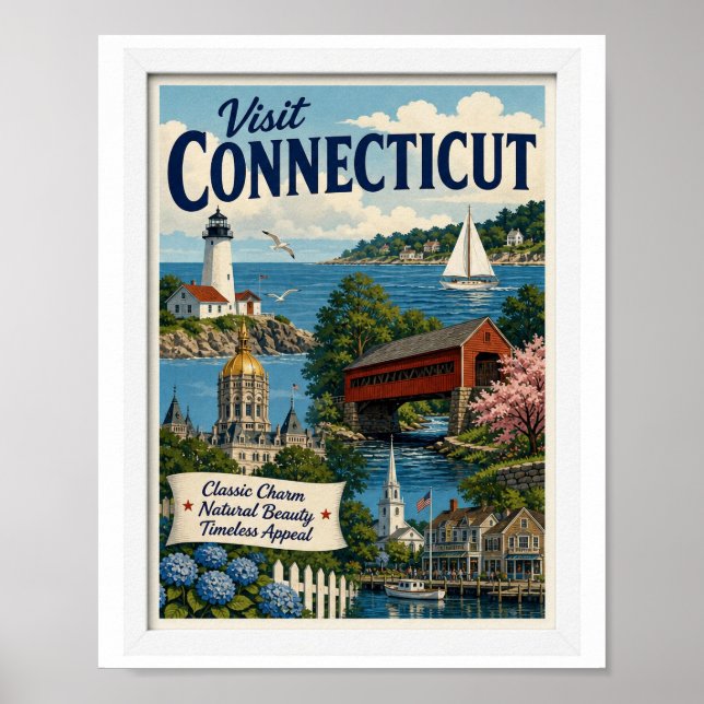 Affiche Visitez Connecticut Voyage Vintage (Devant)