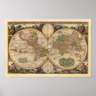 Affiche Visscher Nicolaas World Map 1670 Reproduction