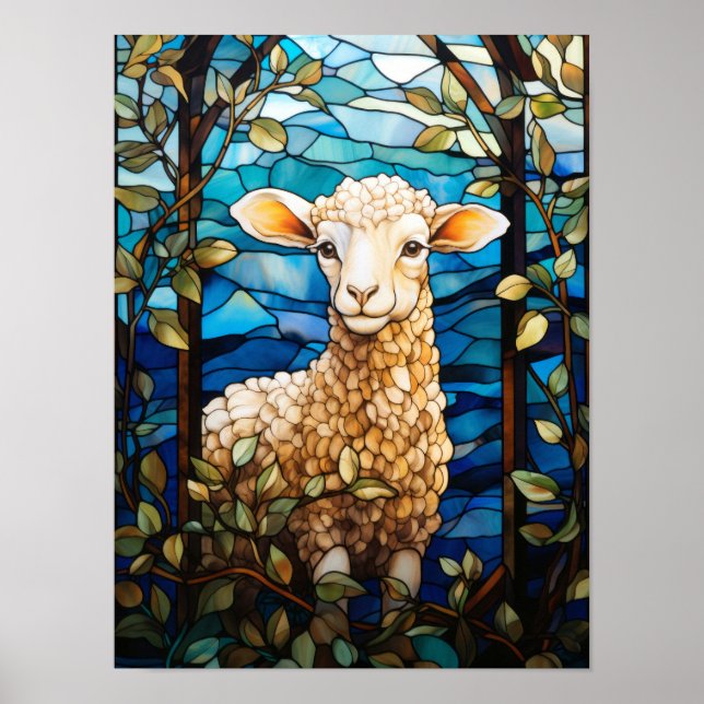 Affiche Vitrail Agneau Douceur Printemps Prairie Fenêtre (Devant)