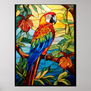 Affiche Vitrail Ara Rouge Perroquet Tropical Art