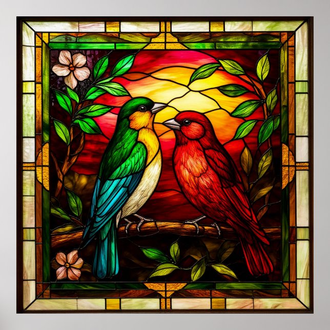 Affiche Vitraux colorés représentant deux oiseaux (Devant)