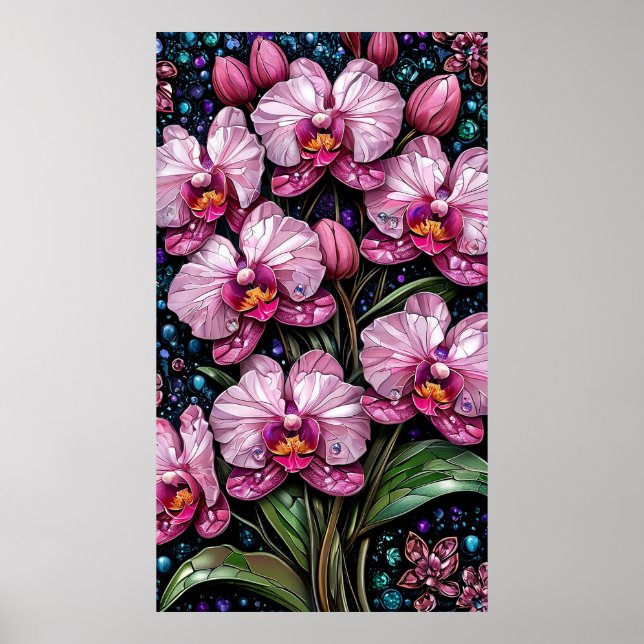 Affiche Vitraux représentant des orchidées roses (Devant)