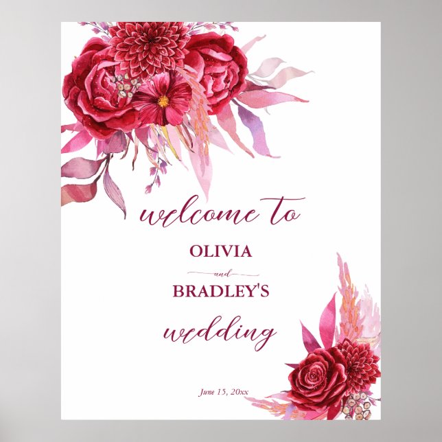 Affiche Viva magenta bougogne rose fleurs signe de bienven (Devant)