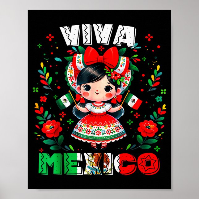 Affiche Viva Mexico Fille Mexicaine Drapeau Fête De L'Indé (Devant)