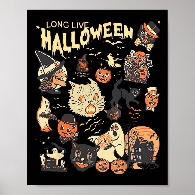 Affiche Vive Halloween Vintage Citrouille sorcier Bl (Devant)