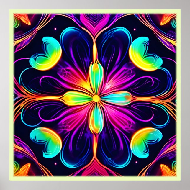 Affiche Vivid Neon Floral Mandala Art (Devant)