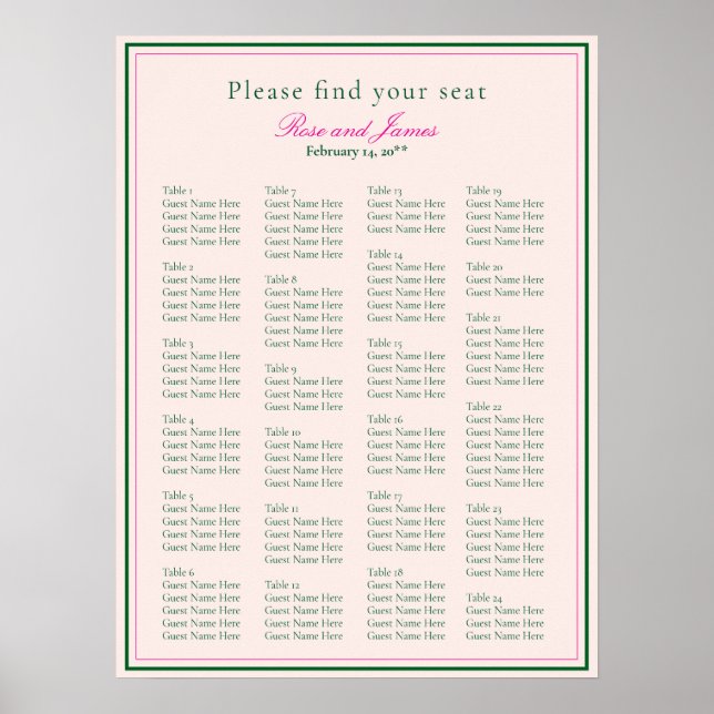 Affiche Vivid Pink Wedding Seating Chart (Devant)
